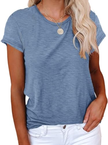 Cicy Bell T-Shirt Damen Kurzarmhemden für Damen Oberteile Rundhals Casual Locker Lässig Sommer Baumwolle T-Shirts Blau XXL von Cicy Bell