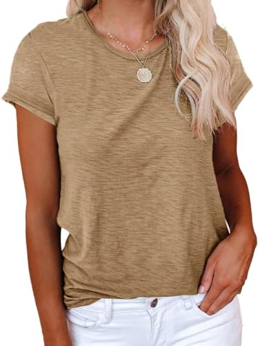 Cicy Bell T-Shirt Damen Kurzarmhemden für Damen Oberteile Rundhals Casual Locker Lässig Sommer Baumwolle T-Shirts Khaki S von Cicy Bell