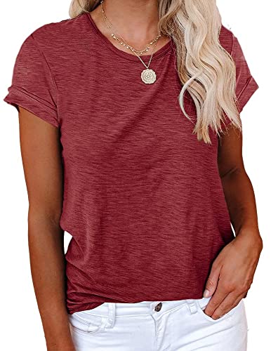 Cicy Bell T-Shirt Für Damen Sommer Kurzarm Oberteile Rundhals Casual Basic Shirts Tops Weinrot M von Cicy Bell