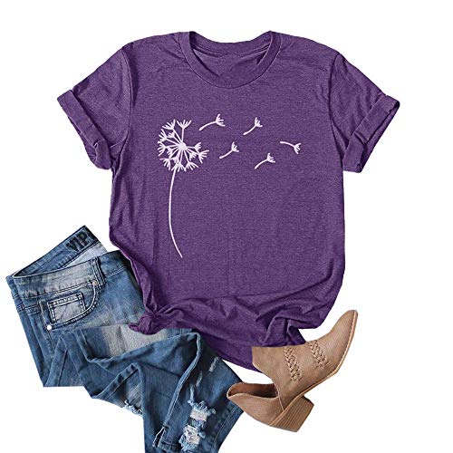 Cicy Bell T-Shirts für Damen Rundhals Pusteblume Drucken Tops Sommer Kurzarm Oberteile Blusen T Shirts Dunkellila L von Cicy Bell