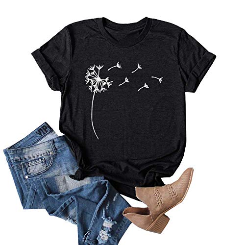 Cicy Bell Tops für Damen Pusteblume T-Shirt Grafische Löwenzahn Druck Rundhals Sommer Baumwoll Kurzarm T Shirts Schwarz S von Cicy Bell