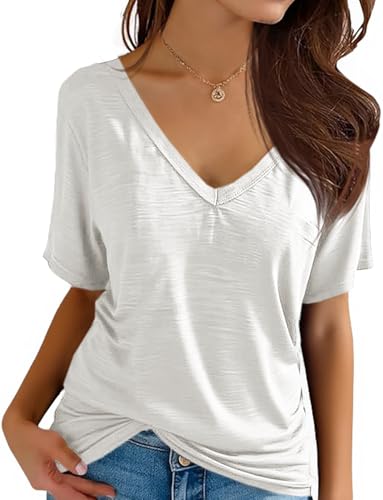 Cicy Bell Tshirt mit Taschen Damen V Ausschnitt Kurzarm Sommer Tops Lockeres Lässiges Basic Shirt Oberteile Weiß M von Cicy Bell