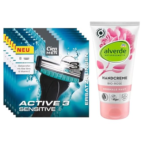 Cien Men 48 Ersatzklingen für ACTIVE 3 sensitive 3-Klingen-Rasiersystem (6 x 8 Stück), 48 St + Cien Men HANDPFLEGE CREME reichhaltige Pflege Handcreme für beanspruchte Hände (100 ml) von Cien