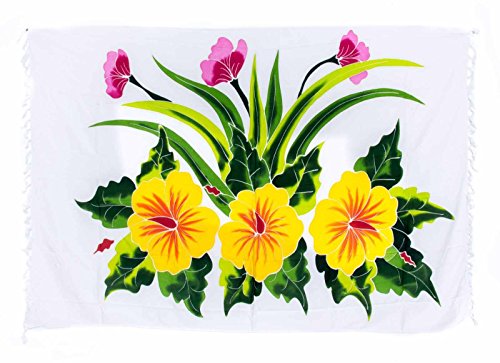 Ciffre Premium Sarong Pareo Wickelrock Strandtuch Lunghi Dhoti Schlicht Blickdicht Blume Hibiskus Weiß Handbemalt von Ciffre