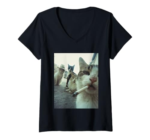 Damen Rauchende Katze Meme Lustige Geschenke für Männer Frauen T-Shirt mit V-Ausschnitt von Cigarette Cat Gen Z Joke Tee