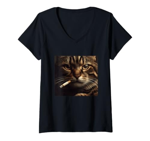 Damen Zigarette Katze Meme Smoking Kitty Gen Z Ästhetisches Bild T-Shirt mit V-Ausschnitt von Cigarette Cat Smoking Kitty Gen Z Picture
