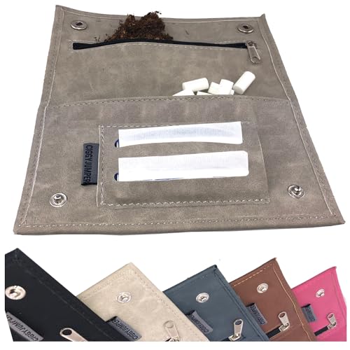 Ciggy Jumper Tabaktasche Used Leather Touch Tabakbeutel für Drehtabak mit Fächern für Filter Blättchen Feuerzeug, Stone Double von Ciggy Jumper