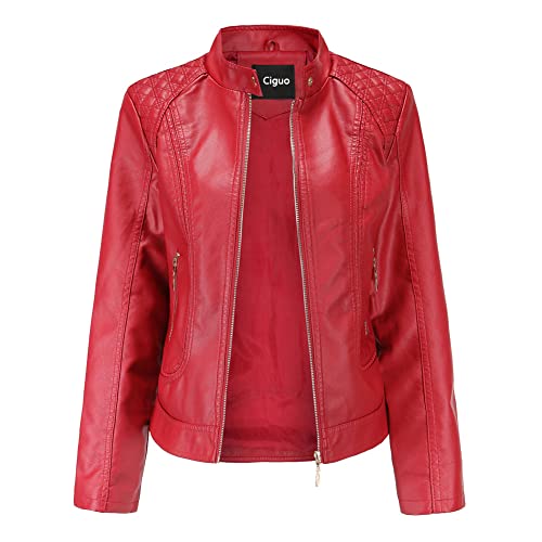 Damen Trendy Kunstleder Jacke Moto Kurz Jacke Mode PU Jacke Mantel, rot, Medium von Ciguo