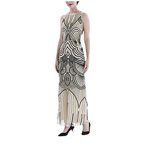 Cihdmfb 1920s Pailletten Kleid Damen V-Ausschnitt Lang Flapper Cocktailkleid Partykleid Vintage Pailletten Ärmelloses Cocktail Flapper Abschlussballkleid Abendkleid Party Kostüm Kleid(F Gelb,M) von Cihdmfb