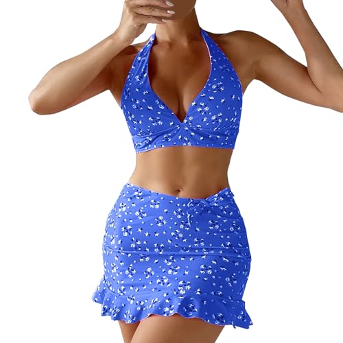 Cihdmfb 3 Teilige Bikini Set Damen Push Up Badeanzüge Verstellbar Cross Back Lace Up Bikinioberteil + High Waist Badeshorts Swimsuit Elegant Einfarbig Bademode Strandbekleidung(B Blau,S) von Cihdmfb