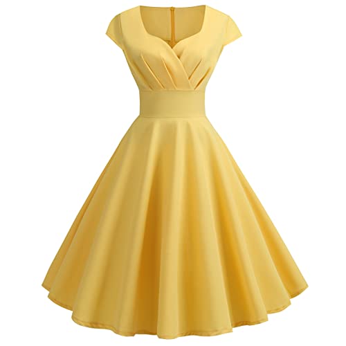 Cihdmfb Abendkleid Damen 1950er Vintage Retro Cocktailkleid Partykleid Rockabilly V-Ausschnitt Kurzarm Faltenrock Elegant EinfarbigA Linien Swing Kleider Sommerkleid Minikleid(A Gelb,XL) von Cihdmfb