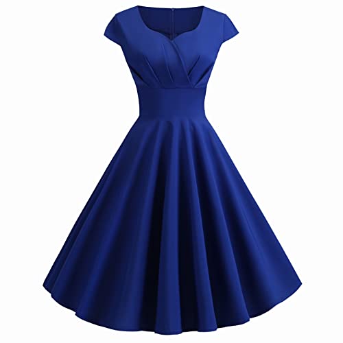 Cihdmfb Abendkleid Damen 1950er Vintage Retro Cocktailkleid Partykleid Rockabilly V-Ausschnitt Kurzarm Faltenrock Elegant EinfarbigA Linien Swing Kleider Sommerkleid Minikleid(C Blau,S) von Cihdmfb