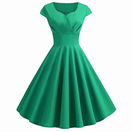 Cihdmfb Abendkleid Damen 1950er Vintage Retro Cocktailkleid Partykleid Rockabilly V-Ausschnitt Kurzarm Faltenrock Elegant EinfarbigA Linien Swing Kleider Sommerkleid Minikleid(C Grün,M) von Cihdmfb