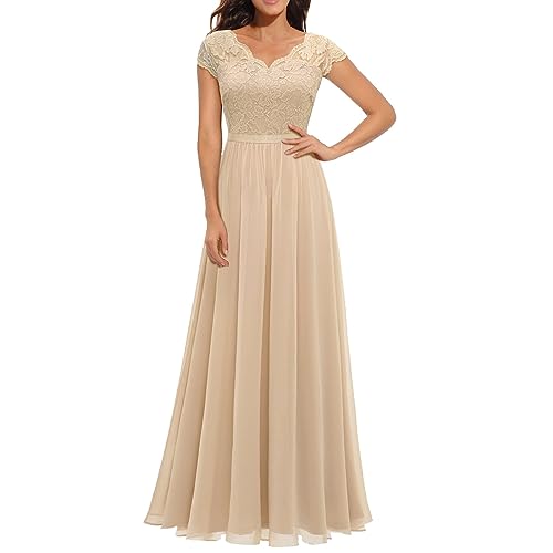 Cihdmfb Abendkleid Damen Elegant Lang Ballkleid V-Ausschnitt Hochzeit Brautjungfernkleider Damen Hohe Taille A Linie Cocktailkleid Damen Lang Halbarm Spitzenkleid Abschlusskleid(B Beige,L) von Cihdmfb