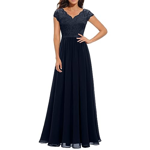 Cihdmfb Abendkleid Damen Elegant Lang Ballkleid V-Ausschnitt Hochzeit Brautjungfernkleider Damen Hohe Taille A Linie Cocktailkleid Damen Lang Halbarm Spitzenkleid Abschlusskleid(B Blau,M) von Cihdmfb