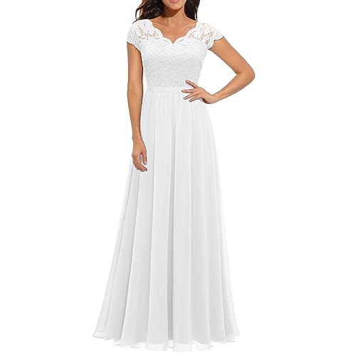 Cihdmfb Abendkleid Damen Elegant Lang Ballkleid V-Ausschnitt Hochzeit Brautjungfernkleider Damen Hohe Taille A Linie Cocktailkleid Damen Lang Halbarm Spitzenkleid Abschlusskleid(B Weiß,L) von Cihdmfb