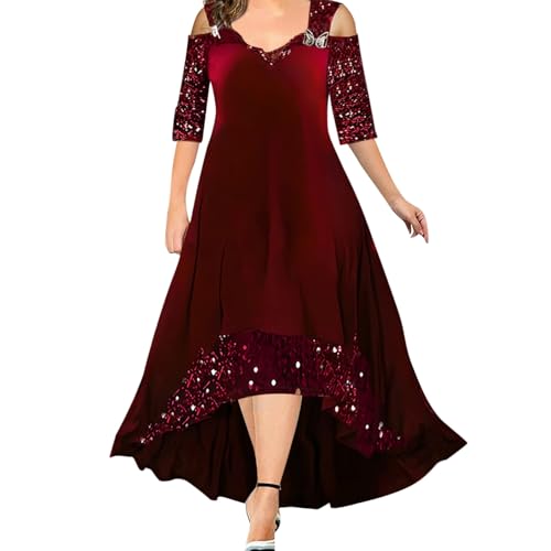 Cihdmfb Abendkleid Damen Elegant Samtkleid 1/2 Ärmel Cocktailkleid Oversize Unregelmäßige Saum Ballkleider V-Ausschnitt Schulterfrei Kleid Festliches Partykleid knielangen für Hochzeit(A Rot,XXL) von Cihdmfb