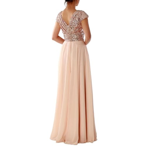 Cihdmfb Abendkleid Damen Lange Ballkleid V-Ausschnitt Kurzarm Pailletten Verziert Abschlussball Hochzeit Dleider High Empire Waist Lang Length Evening Bridesmaid Prom Kleid Maxikleid(A Beige,XL) von Cihdmfb