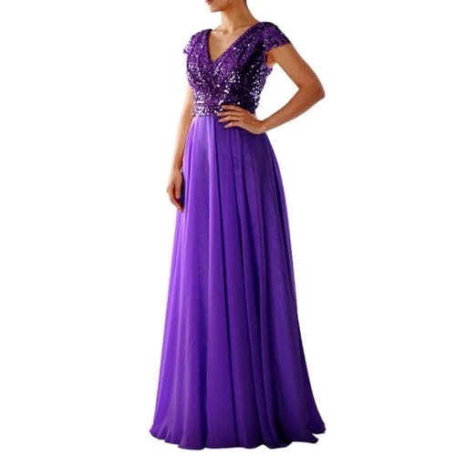 Cihdmfb Abendkleid Damen Lange Ballkleid V-Ausschnitt Kurzarm Pailletten Verziert Abschlussball Hochzeit Dleider High Empire Waist Lang Length Evening Bridesmaid Prom Kleid Maxikleid(A Violett,3XL) von Cihdmfb