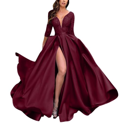 Cihdmfb Abendkleider Damen Elegant Lange Ballkleider mit Schlitz A-Linie Hochzeitskleid Abendkleider Tief V-Ausschnitt Langarm Brautkleid Kleider Festlich Kleider Cocktailkleid(A RD2,XXL) von Cihdmfb