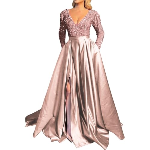 Cihdmfb Abendkleider Damen Elegant Lange Ballkleider mit Schlitz A-Linie Hochzeitskleid Abendkleider Tief V-Ausschnitt Langarm Brautkleid Kleider Festlich Kleider Cocktailkleid(E Rosa,XXL) von Cihdmfb