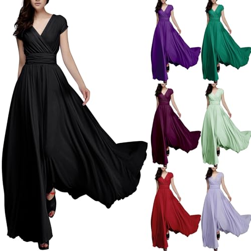 Cihdmfb Abendkleider Damen Große Größen Cocktailkleid V Ausschnitt Kurze Ärmel Party Bodenlang Elegant Solide Festlich Brautjungfernkleider Ballkleid Hohe Taille Wickelkleid Maxikleid(A Schwarz,5XL) von Cihdmfb