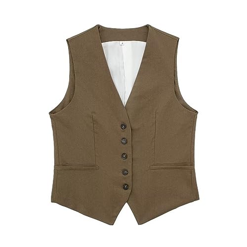 Cihdmfb Anzugweste Weste Damen V-Ausschnitt Ärmellos Kurz Kellnerweste Mit Knöpfe Elegant Festlich Anzugweste Business Freizeit Weste Vintage Weste Tank Top Slim Fit Tops Blazers Weste(A Kaffee,L) von Cihdmfb