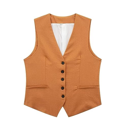 Cihdmfb Anzugweste Weste Damen V-Ausschnitt Ärmellos Kurz Kellnerweste Mit Knöpfe Elegant Festlich Anzugweste Business Freizeit Weste Vintage Weste Tank Top Slim Fit Tops Blazers Weste(A Orange,L) von Cihdmfb