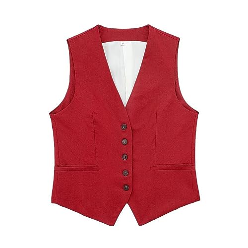 Cihdmfb Anzugweste Weste Damen V-Ausschnitt Ärmellos Kurz Kellnerweste Mit Knöpfe Elegant Festlich Anzugweste Business Freizeit Weste Vintage Weste Tank Top Slim Fit Tops Blazers Weste(A Rot,S) von Cihdmfb