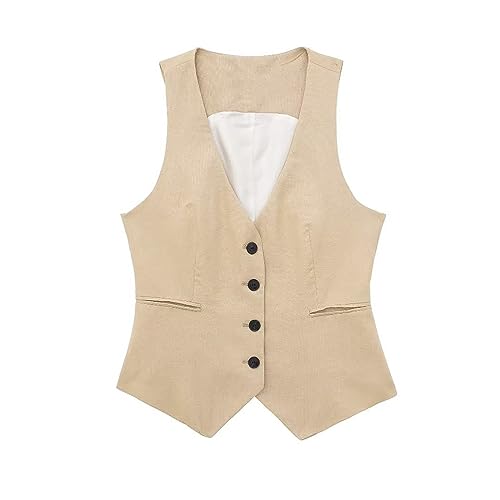 Cihdmfb Anzugweste Weste Damen V-Ausschnitt Ärmellos Kurz Kellnerweste Mit Knöpfe Elegant Festlich Anzugweste Business Freizeit Weste Vintage Weste Tank Top Slim Fit Tops Blazers Weste(B Khaki,M) von Cihdmfb
