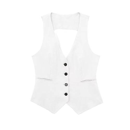 Cihdmfb Anzugweste Weste Damen V-Ausschnitt Ärmellos Kurz Kellnerweste Mit Knöpfe Elegant Festlich Anzugweste Business Freizeit Weste Vintage Weste Tank Top Slim Fit Tops Blazers Weste(B Weiß,S) von Cihdmfb