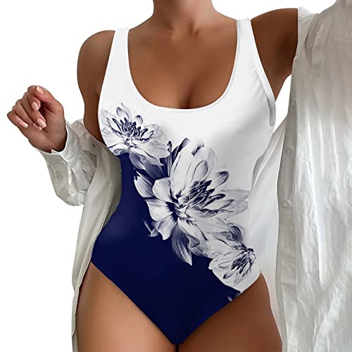 Cihdmfb Badeanzug Damen Bauchweg Einteilige Bademode Swimsuit Retro Gestreift Druck Badeanzüge Monokinis mit Breite Schultergurte für Damen Push Up Sportbadeanzüge Badebekleidung(A Dunkelblau,L) von Cihdmfb