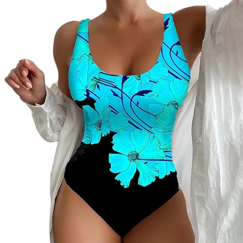 Cihdmfb Badeanzug Damen Bauchweg Einteilige Bademode Swimsuit Retro Gestreift Druck Badeanzüge Monokinis mit Breite Schultergurte für Damen Push Up Sportbadeanzüge Badebekleidung(D Blau,S) von Cihdmfb