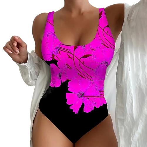 Cihdmfb Badeanzug Damen Bauchweg Einteilige Bademode Swimsuit Retro Gestreift Druck Badeanzüge Monokinis mit Breite Schultergurte für Damen Push Up Sportbadeanzüge Badebekleidung(D Heißes Rosa,6XL) von Cihdmfb