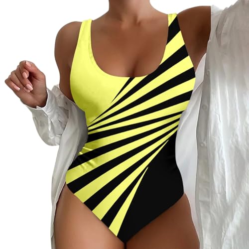 Cihdmfb Badeanzug Damen Große Größe Bauchweg Einteiler Bademode Figurformend U Ausschnitt Gestreift Druck Sportbadeanzüge Einteilige Badeanzug mit Breite Schultergurte für Damen(A Gelb,L) von Cihdmfb