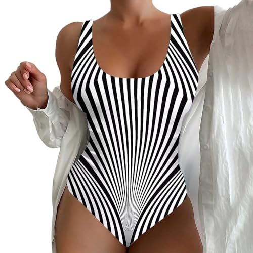 Cihdmfb Badeanzug Damen Große Größe Bauchweg Einteiler Bademode Figurformend U Ausschnitt Gestreift Druck Sportbadeanzüge Einteilige Badeanzug mit Breite Schultergurte für Damen(C Weiß,3XL) von Cihdmfb