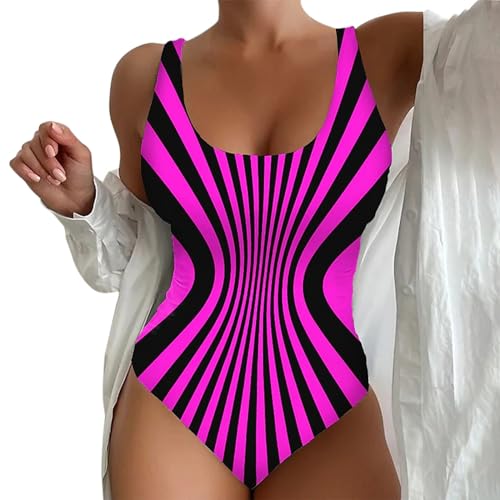Cihdmfb Badeanzug Damen Große Größe Bauchweg Einteiler Bademode Figurformend U Ausschnitt Gestreift Druck Sportbadeanzüge Einteilige Badeanzug mit Breite Schultergurte für Damen(D Heißes Rosa,6XL) von Cihdmfb