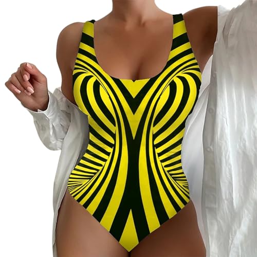 Cihdmfb Badeanzug Damen Große Größe Bauchweg Einteiler Bademode Figurformend U Ausschnitt Gestreift Druck Sportbadeanzüge Einteilige Badeanzug mit Breite Schultergurte für Damen(E Gelb,6XL) von Cihdmfb