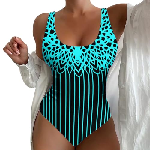Cihdmfb Badeanzug Damen Große Größe Bauchweg Einteiler Bademode Figurformend U Ausschnitt Gestreift Druck Sportbadeanzüge Einteilige Badeanzug mit Breite Schultergurte für Damen(F Blau,XXL) von Cihdmfb
