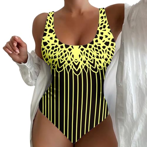 Cihdmfb Badeanzug Damen Große Größe Bauchweg Einteiler Bademode Figurformend U Ausschnitt Gestreift Druck Sportbadeanzüge Einteilige Badeanzug mit Breite Schultergurte für Damen(F Gelb,XXL) von Cihdmfb