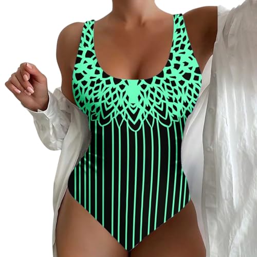 Cihdmfb Badeanzug Damen Große Größe Bauchweg Einteiler Bademode Figurformend U Ausschnitt Gestreift Druck Sportbadeanzüge Einteilige Badeanzug mit Breite Schultergurte für Damen(F Grün,L) von Cihdmfb