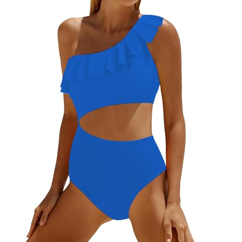 Cihdmfb Badeanzug Damen Rüschen One Shoulder Bauchweg Einteiliger Badeanzug Cut Out One Shoulder Bademode Push Up Monokini Bauch Kontrolle Badeanzüge Strandmode Schwimmanzug(A Blau,XXL) von Cihdmfb