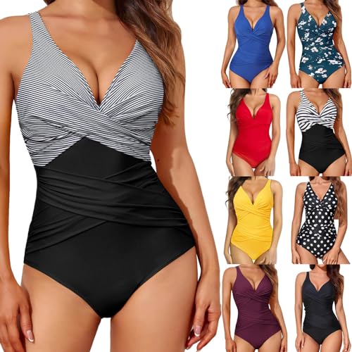 Cihdmfb Badeanzug Damen Tief V-Ausschnitt Cross Bauchweg Monokini Rückenfrei Push-up Bikini Elegant Blumen Druck Schlankheits Raffung Rüschen Einteilige Bademode Swimsuits Schwimmanzug(A Grau,XXL) von Cihdmfb