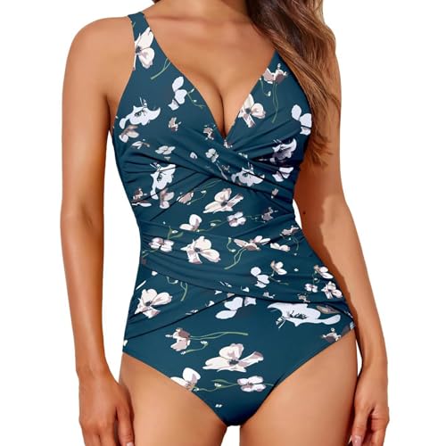 Cihdmfb Badeanzug Damen Tief V-Ausschnitt Cross Bauchweg Monokini Rückenfrei Push-up Bikini Elegant Blumen Druck Schlankheits Raffung Rüschen Einteilige Bademode Swimsuits Schwimmanzug(A Grün,M) von Cihdmfb