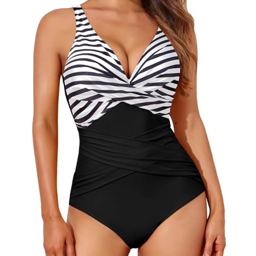 Cihdmfb Badeanzug Damen Tief V-Ausschnitt Cross Bauchweg Monokini Rückenfrei Push-up Bikini Elegant Blumen Druck Schlankheits Raffung Rüschen Einteilige Bademode Swimsuits Schwimmanzug(A Weiß,XXL) von Cihdmfb