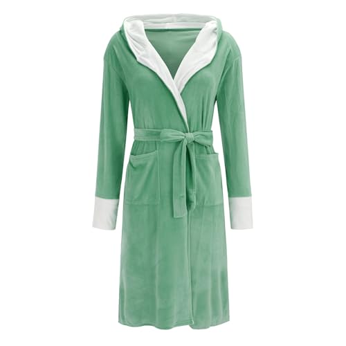 Cihdmfb Bademantel mit Kapuze Damen Flauschig Große Größe Lang Warm Fleece Morgenmantel Fleece Robe Damen Einfarbig Dressing Gown Women Kuschelige Bademäntel für Damen(A Grün,5XL) von Cihdmfb
