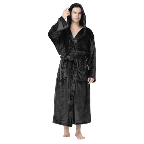 Cihdmfb Bademantel mit Kapuze Damen Flauschig Weich Bademantel mit Taschen Winter Elegant Einfarbig Lang Warm Morgenmantel mit Gürtel Fleece Robe Kuschelige Bademäntel für Damen(E Schwarz,4XL) von Cihdmfb