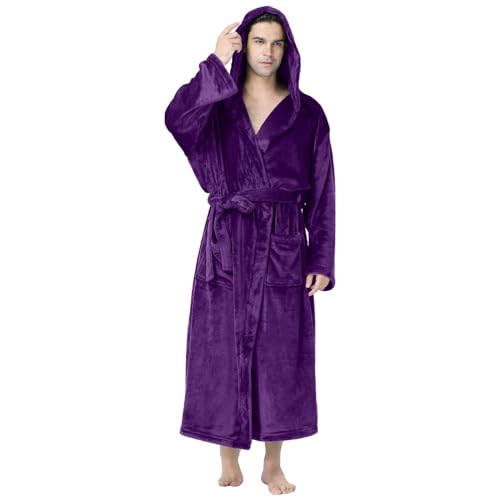 Cihdmfb Bademantel mit Kapuze Damen Flauschig Weich Bademantel mit Taschen Winter Elegant Einfarbig Lang Warm Morgenmantel mit Gürtel Fleece Robe Kuschelige Bademäntel für Damen(E Violett,5XL) von Cihdmfb