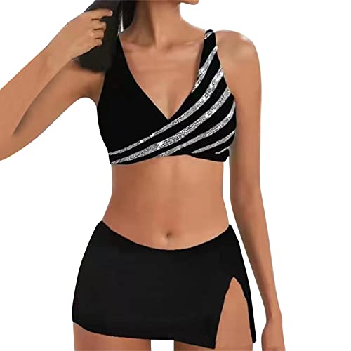 Cihdmfb Bikini Set Damen Zweiteiliger Badeanzug Push Up Farbblock Swimsuit Set Frauen V Ausschnitt Bikini Set Knot Triangel Bikini Swimsuit Low Rise Bademode Bauchkontrolle Bikini Sets(J Schwarz,XXL) von Cihdmfb