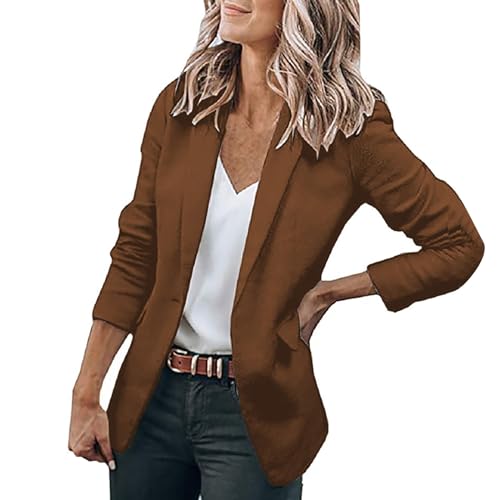 Cihdmfb Blazer Damen Große Größe Langarm Open Front Business Cardigan mit Taschen Revers Anzüge Jacken Langer Elegant Einfarbig Knopf Mantel Blazerjacke für Büro Business & Casual(A Braun,5XL) von Cihdmfb